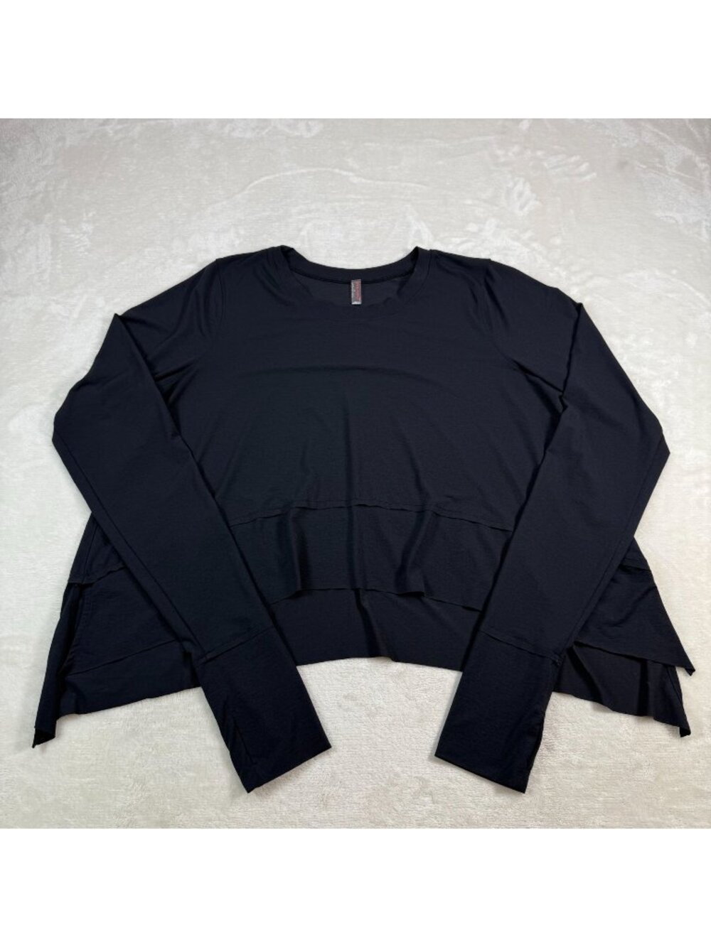 Free People FP Womens L Black Tempo Long Sleeve Tee Ruffle Hem Flowy UV Protecti